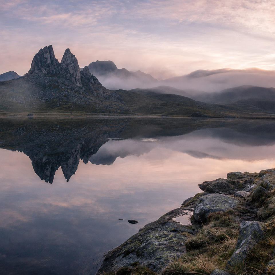 Rocky mountain ridge reflected in a still lake at dawn, misty hills behind