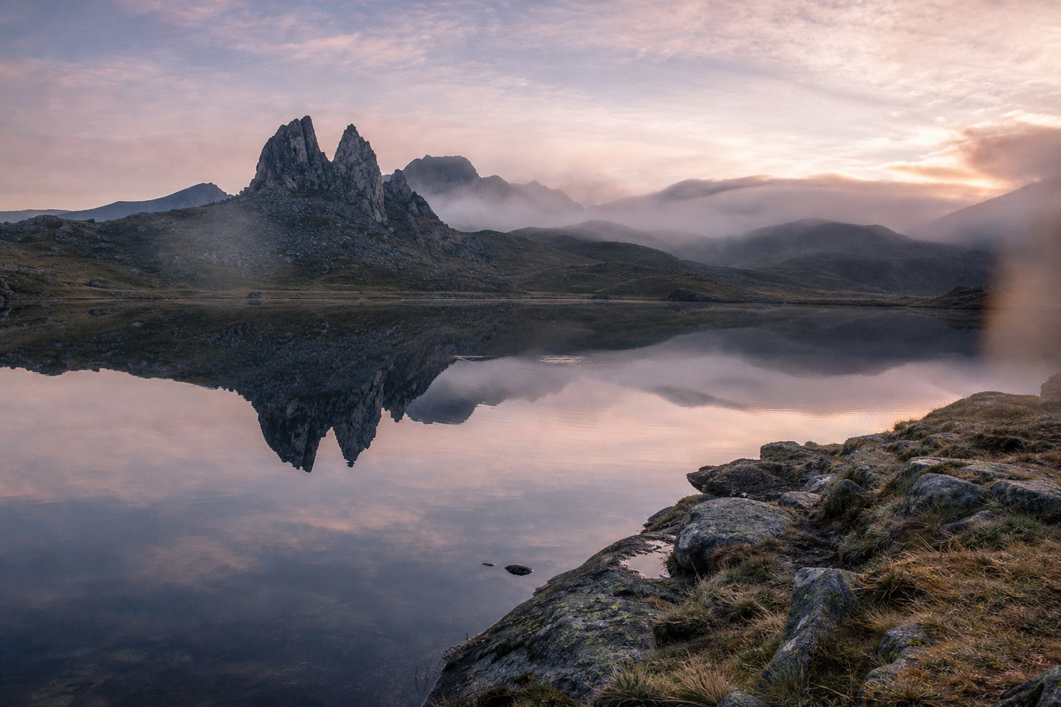 Rocky mountain ridge reflected in a still lake at dawn, misty hills behind