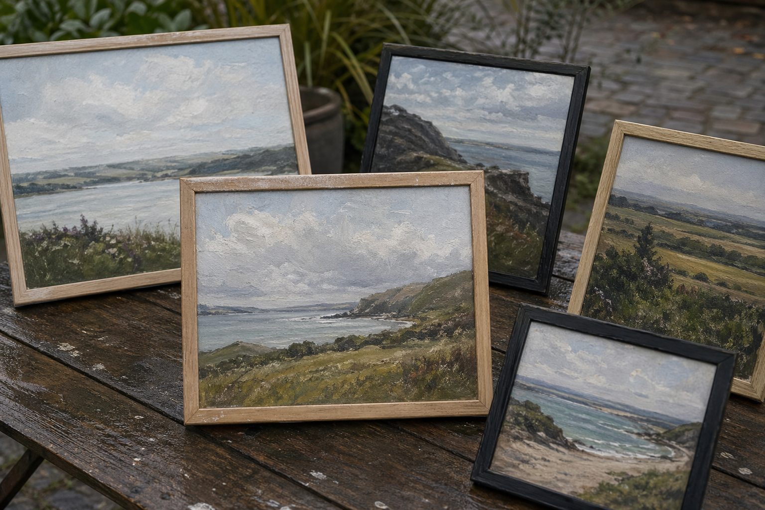 Small framed landscape paintings arranged on a wooden surface ready for display