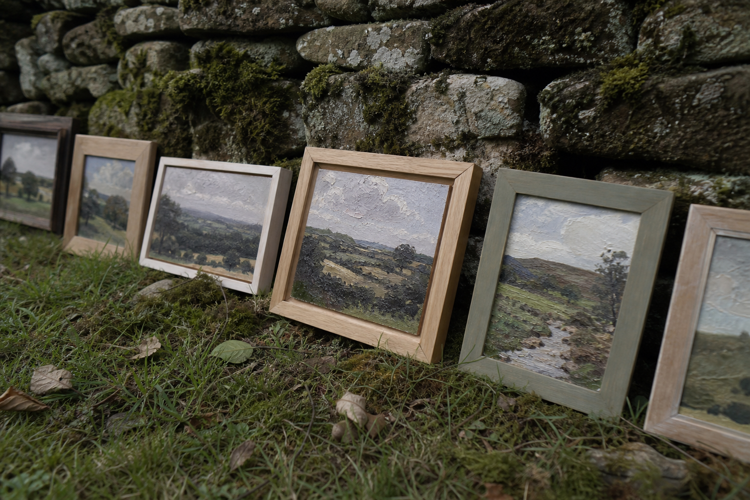 Row of small framed landscape paintings propped against a stone wall outdoors