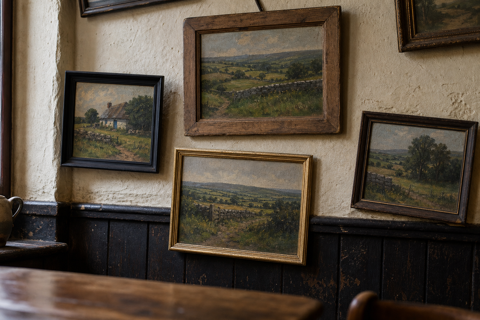 Several framed countryside paintings displayed on a rustic pub wall