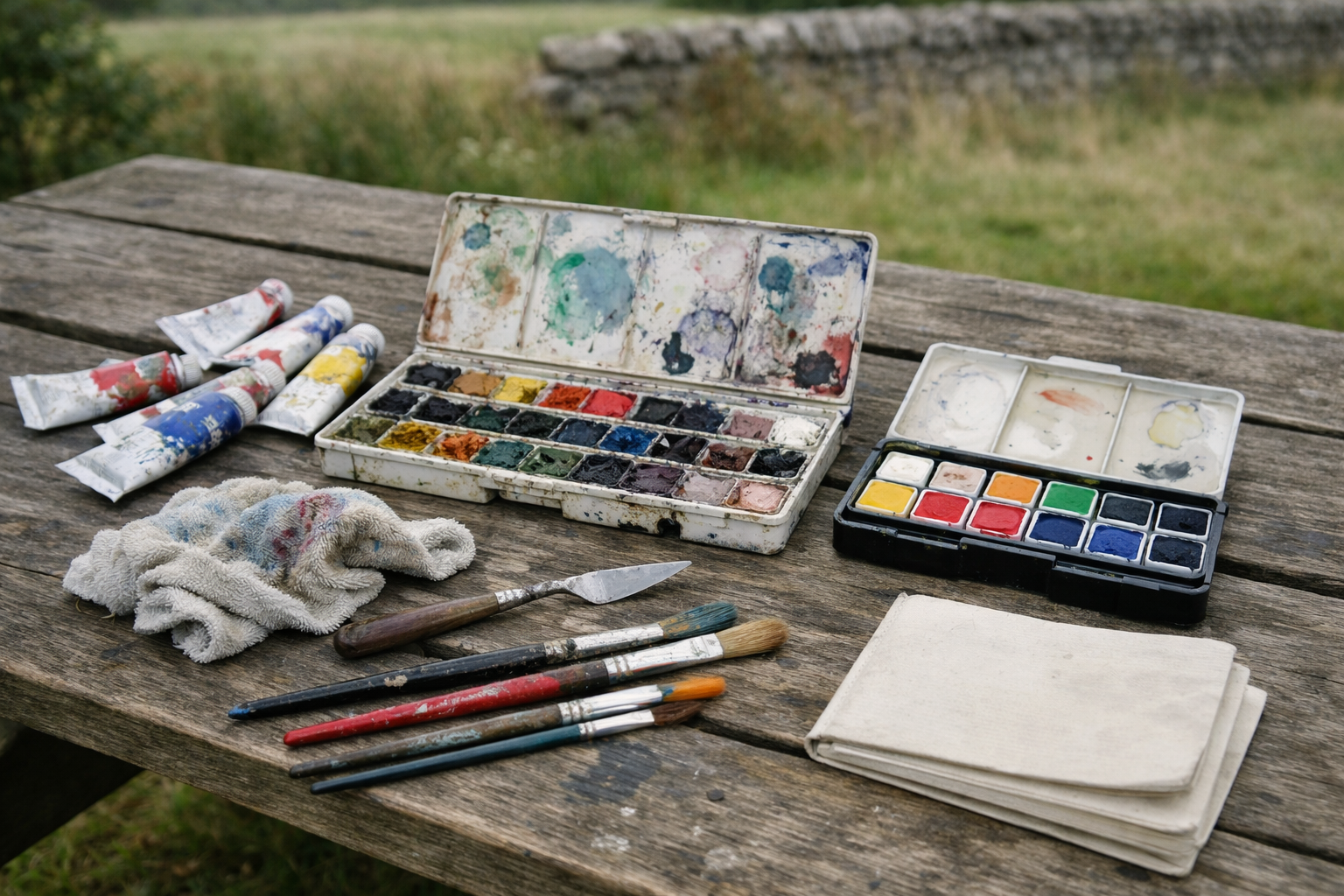 Watercolours, brushes and oil paints laid out on a wooden bench