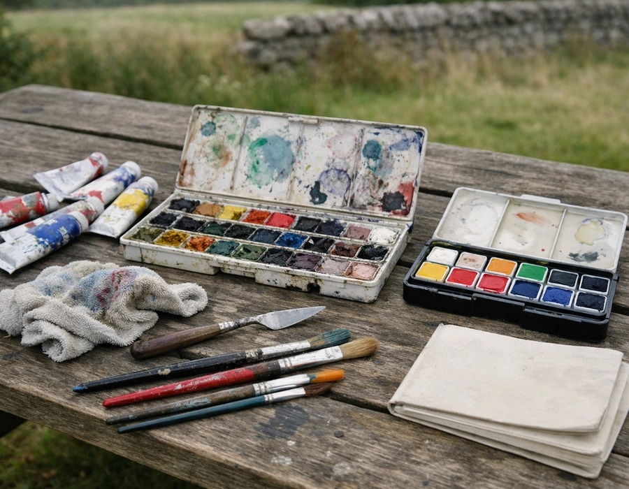 Watercolours, brushes and oil paints laid out on a wooden bench