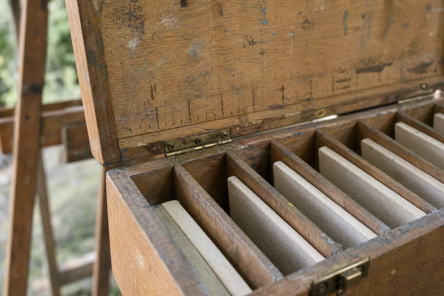 Close-up of an open pochade box lid showing panel slot dimensions and sizing markings