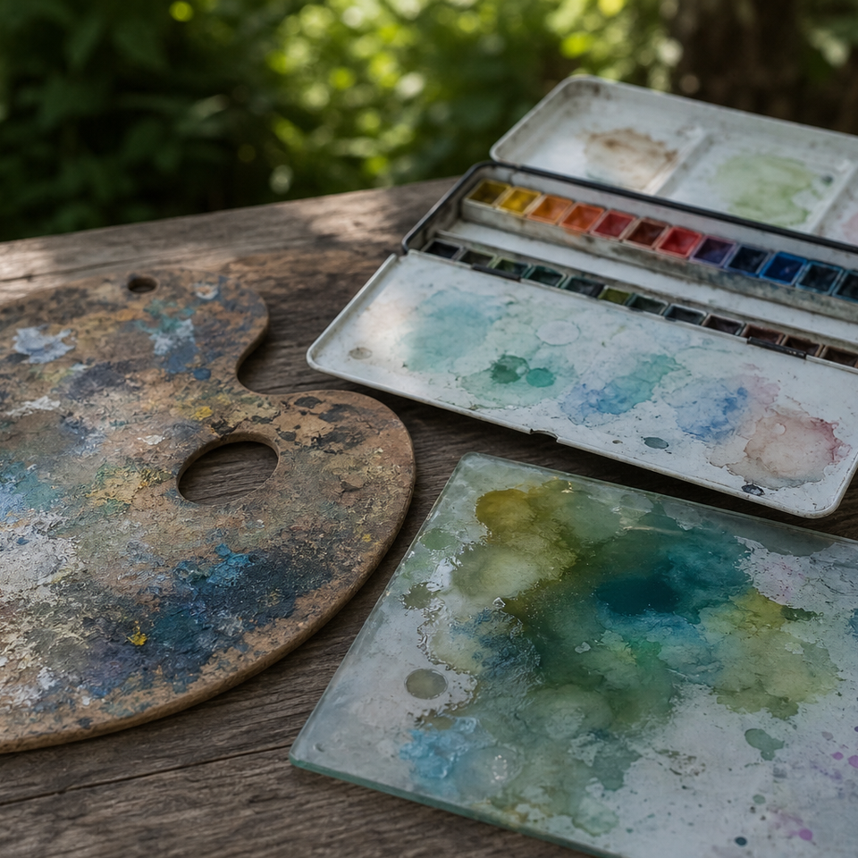 Wooden palette, glass palette and folding watercolour palette arranged on a wooden surface outdoors