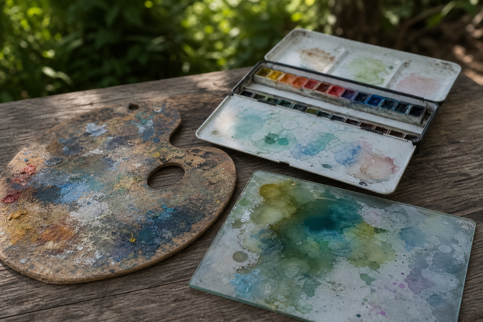 Wooden palette, glass palette and folding watercolour palette arranged on a wooden surface outdoors