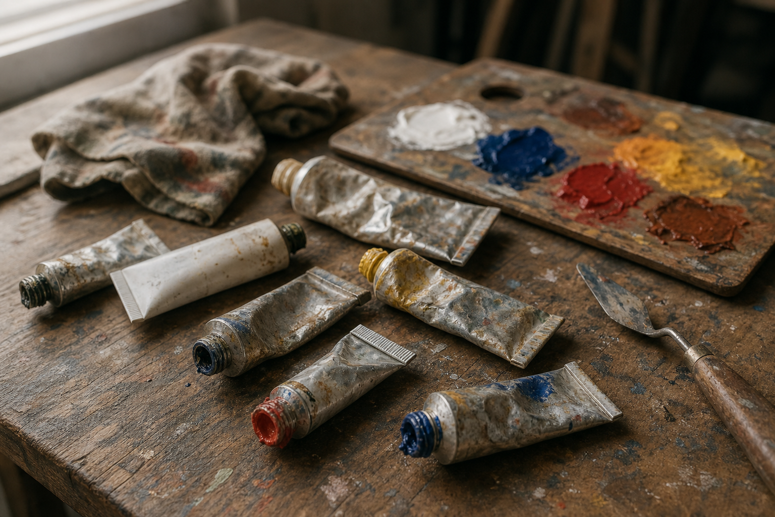 Several oil paint tubes of different types laid out on a textured surface