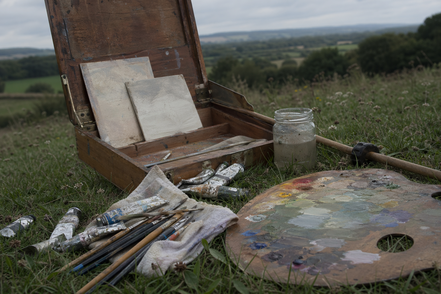 Oil paints, brushes, small panels, and a pochade box arranged on grass outdoors