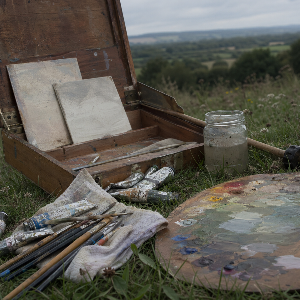 Oil paints, brushes, small panels, and a pochade box arranged on grass outdoors