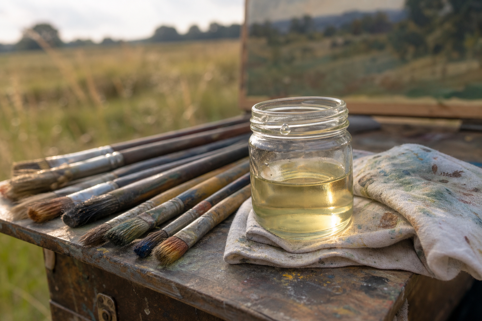 Small glass jar of pale oil beside brushes and folded cotton rag on a portable painting table