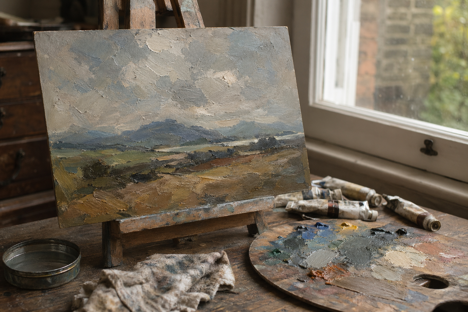 Small panel with loosely blocked patches of landscape colour, sky and ground shapes visible