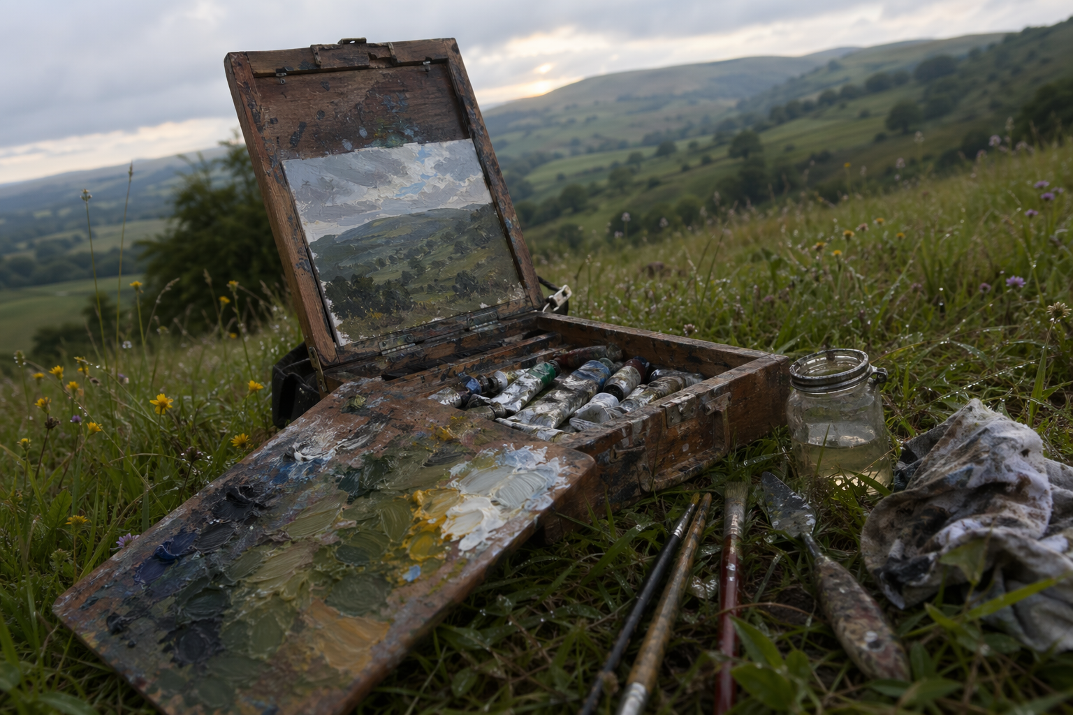 A wooden pochade box and oil paints resting on a grassy hillside