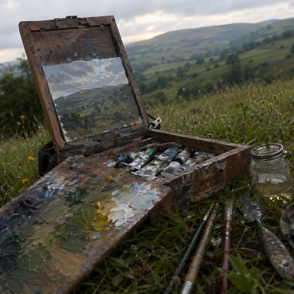 A wooden pochade box and oil paints resting on a grassy hillside
