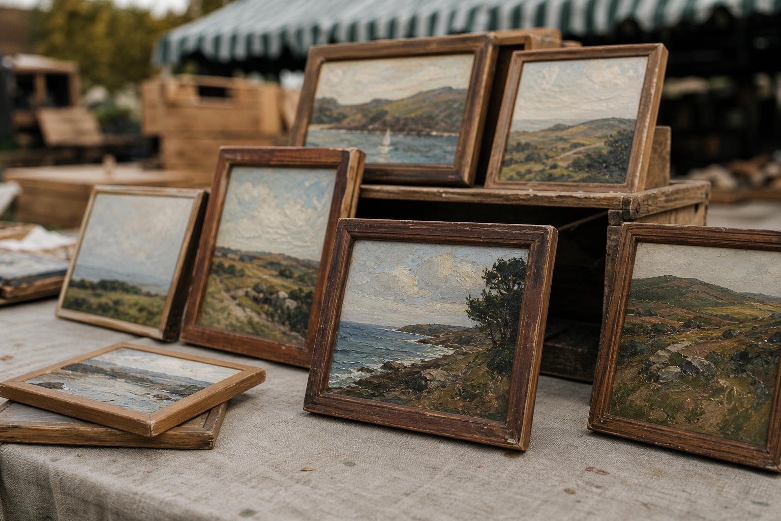 Small framed landscape paintings arranged on a cloth-covered market table