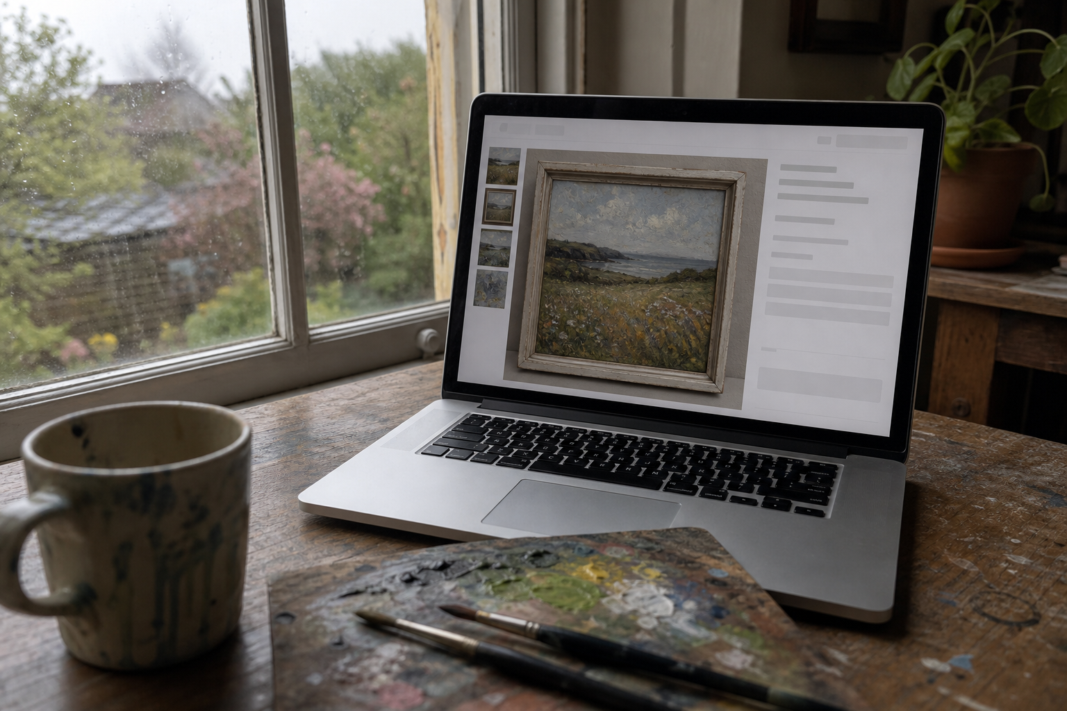 A laptop screen displaying an online art marketplace listing with a landscape painting