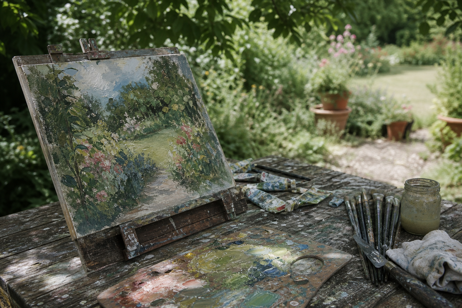 Oil paints, brushes, and a canvas with loose Impressionist brushstrokes in a garden setting