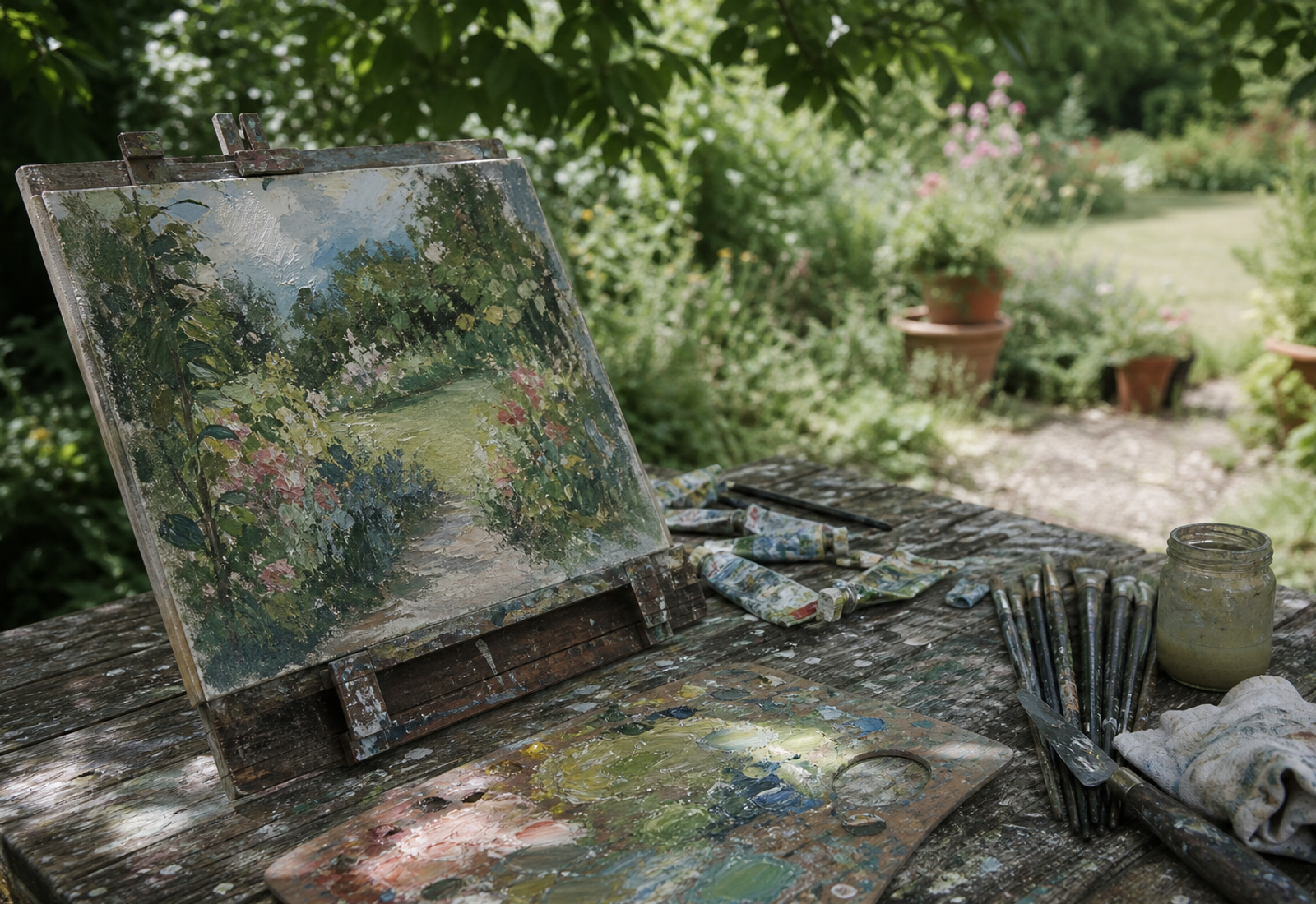 Oil paints, brushes, and a canvas with loose Impressionist brushstrokes in a garden setting