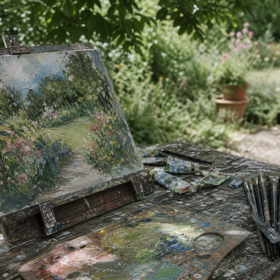 Oil paints, brushes, and a canvas with loose Impressionist brushstrokes in a garden setting
