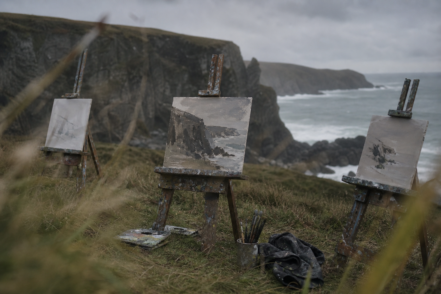 Three wooden easels with canvases facing a rocky coastal cliff in overcast light