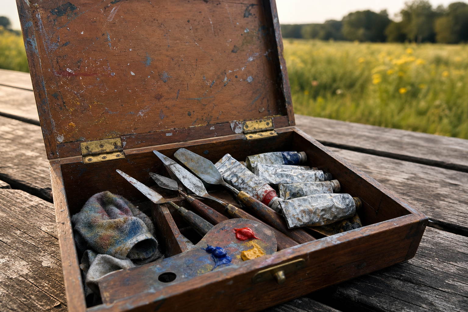 A compact pochade box open outdoors with palette knives and paint tubes arranged inside