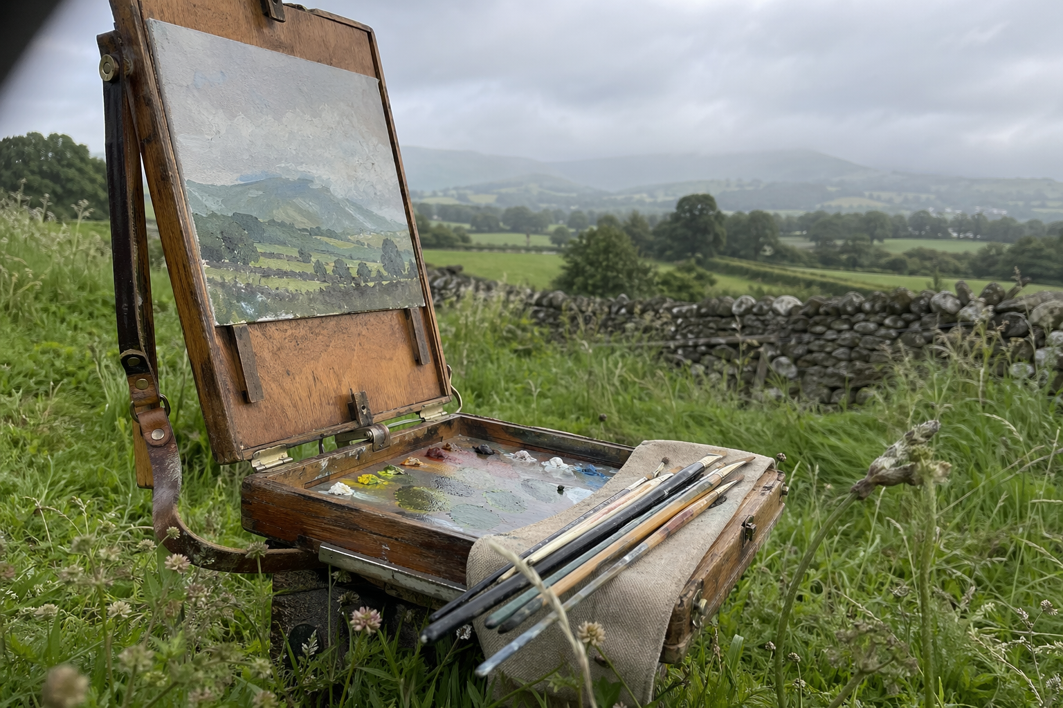 A traditional wooden French easel standing open in a countryside setting