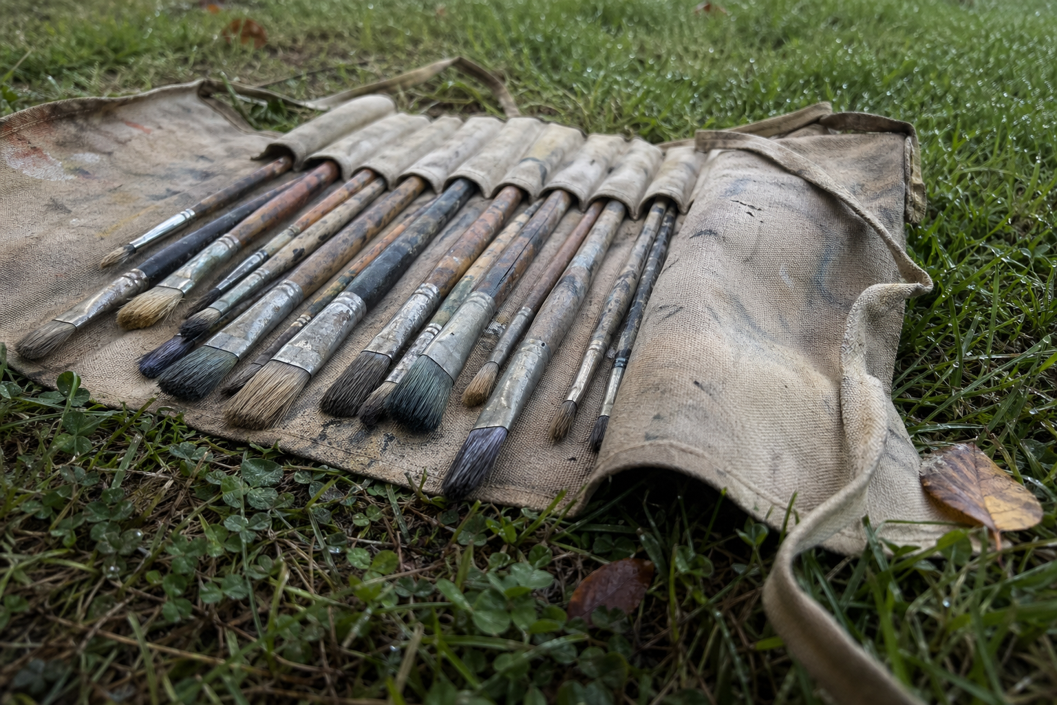 A rolled canvas brush holder with oil painting brushes laid flat on grass