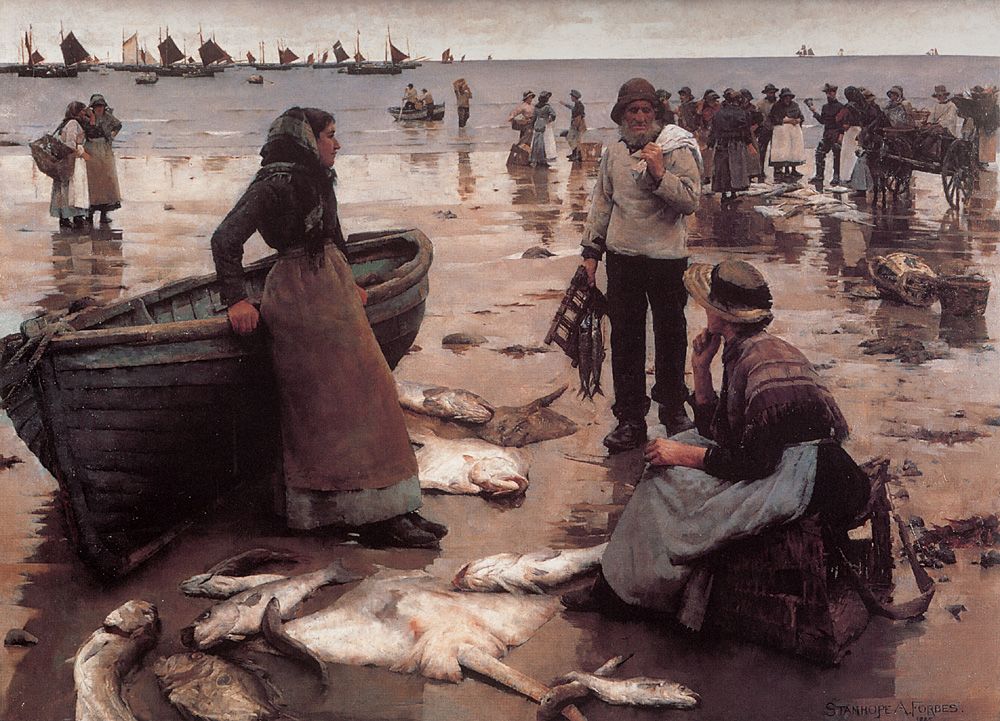 Stanhope Forbes’s A Fish Sale on a Cornish Beach, showing the Newlyn fishing community gathered beside the boats