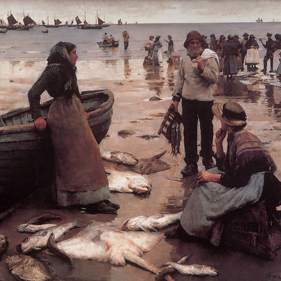 Stanhope Forbes’s A Fish Sale on a Cornish Beach, showing the Newlyn fishing community gathered beside the boats