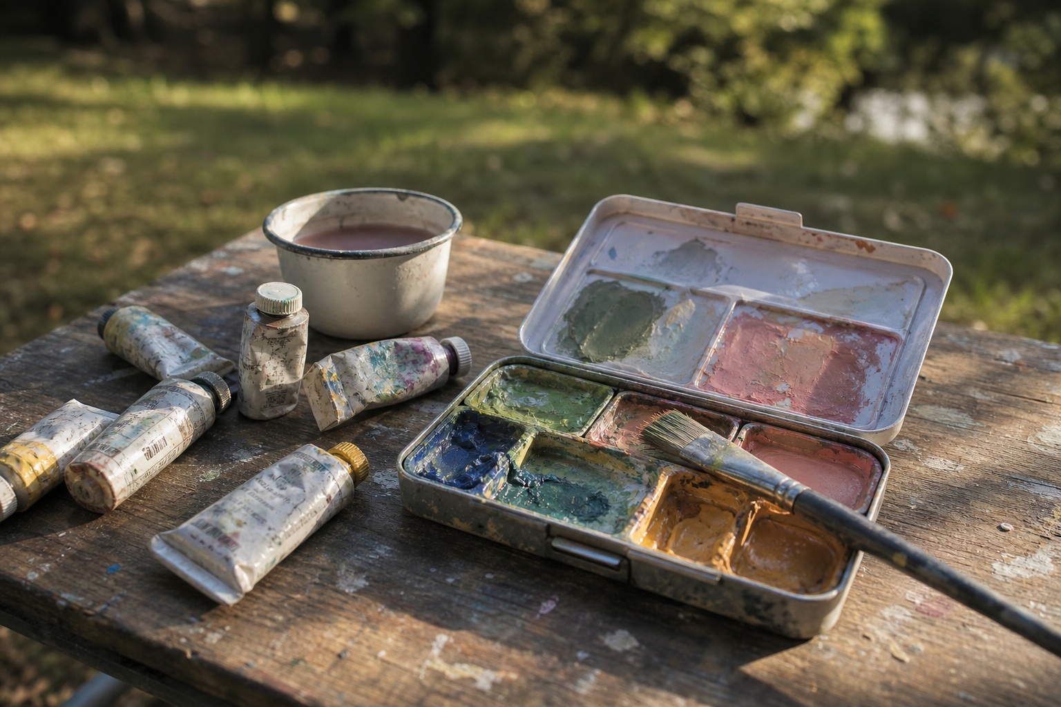 Matte gouache paint tubes and open palette arranged on a wooden outdoor painting surface