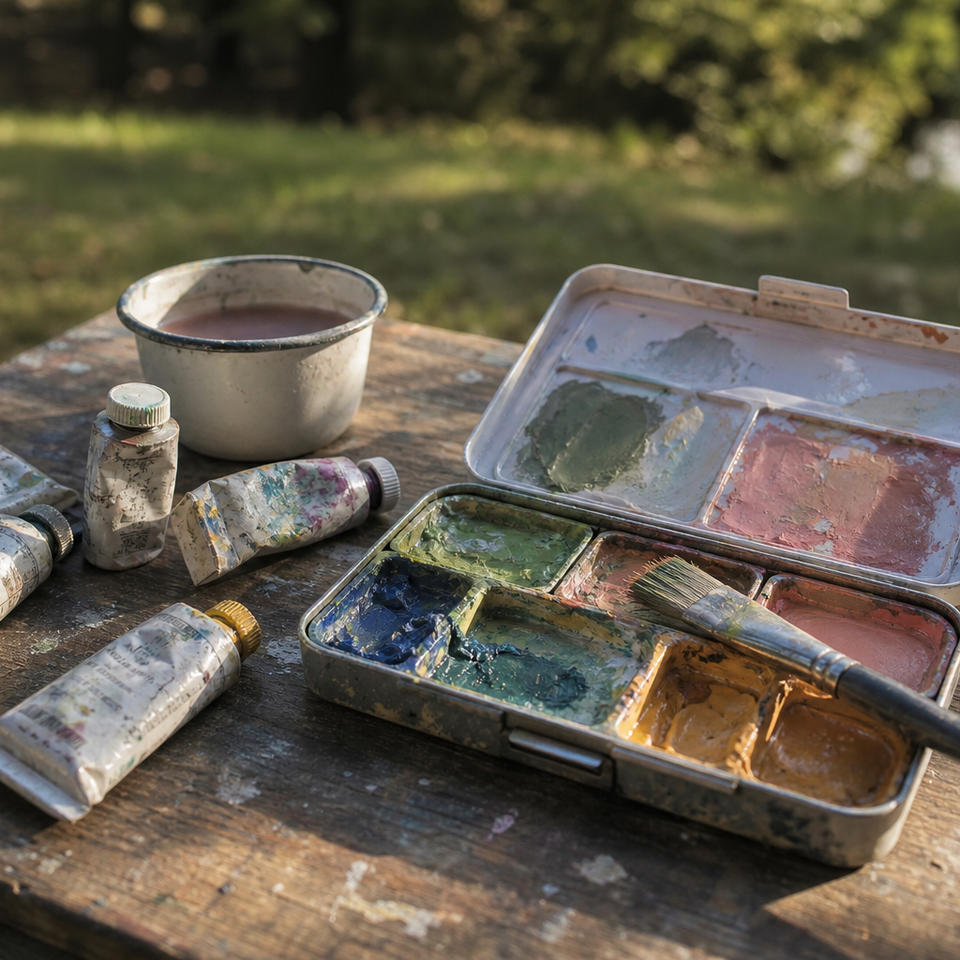 Matte gouache paint tubes and open palette arranged on a wooden outdoor painting surface