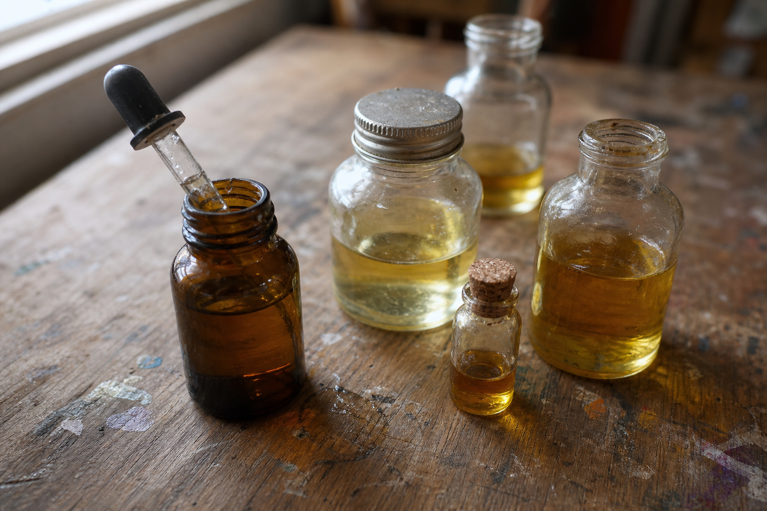 Small glass bottles of linseed oil and painting mediums on a wooden surface