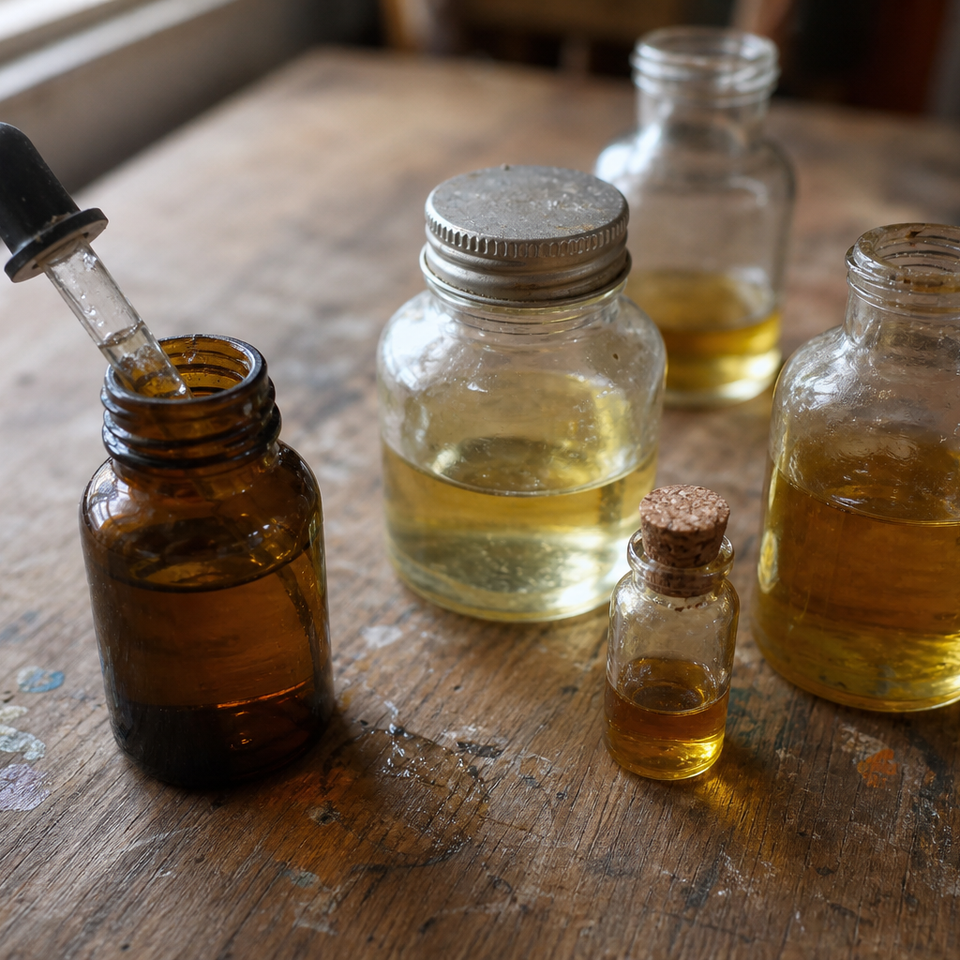 Small glass bottles of linseed oil and painting mediums on a wooden surface