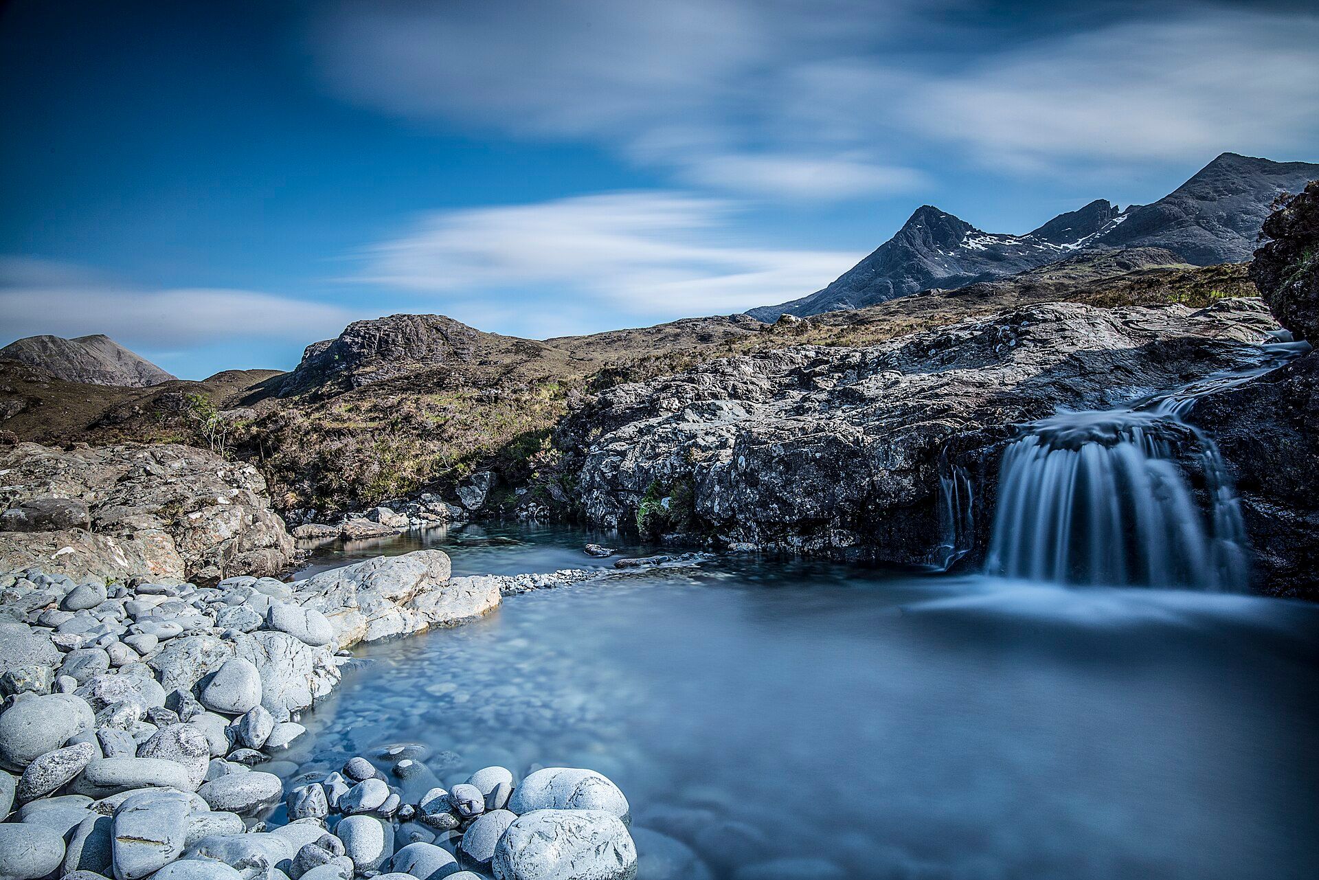 Glen Sligachan on the Isle of Skye, with river, moorland and Cuillin mountains