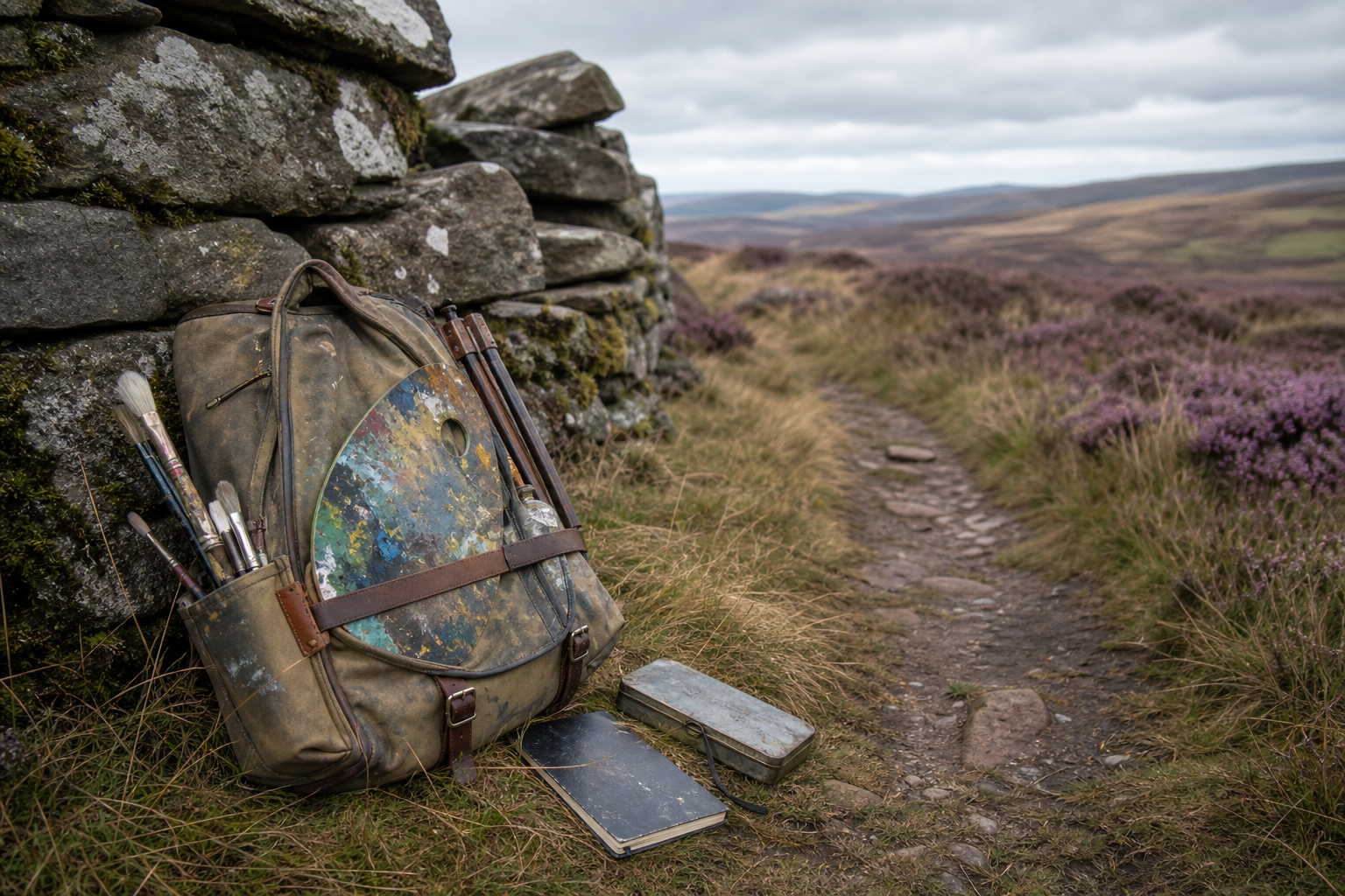 A well-used art backpack resting against a dry stone wall on a moorland path