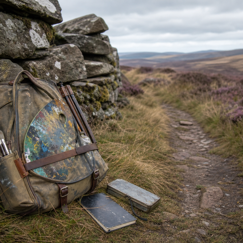 A well-used art backpack resting against a dry stone wall on a moorland path