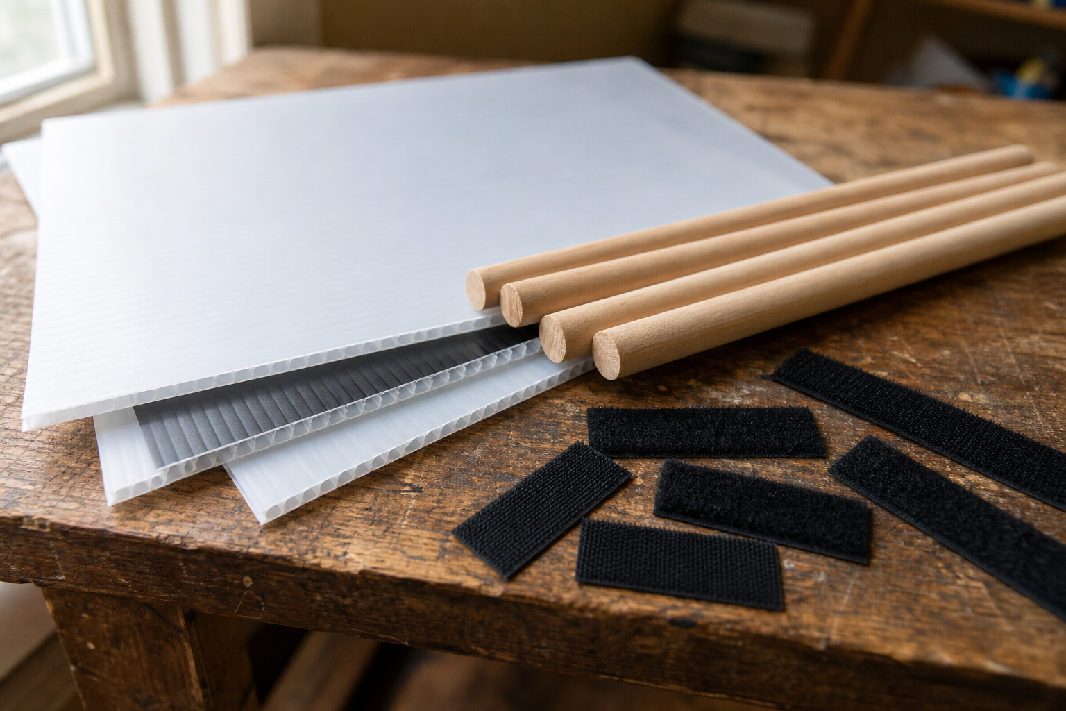Sheets of corrugated plastic, wooden dowels, and Velcro strips laid out ready for a DIY panel carrier build