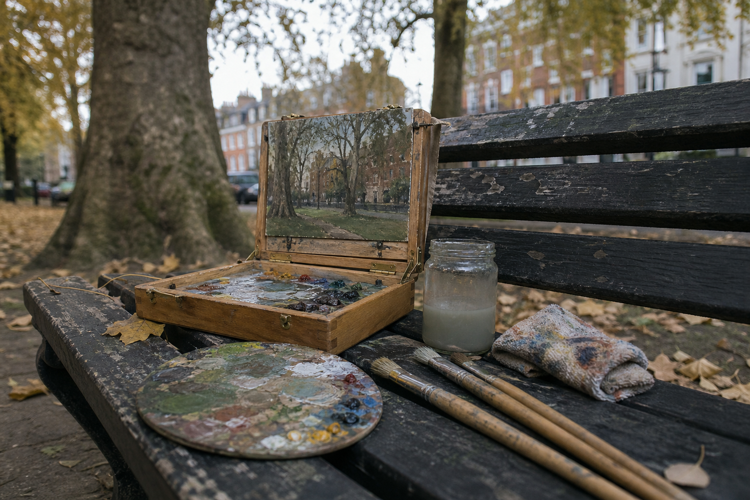 Compact pochade box open on a park bench beside a small paint palette and brushes