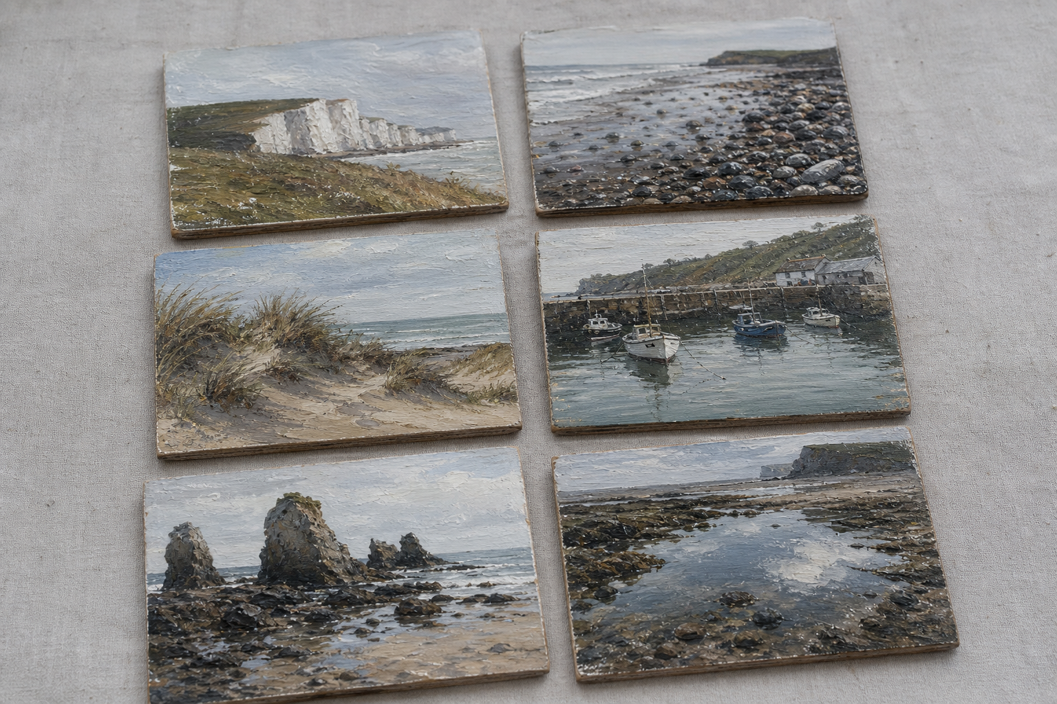 Six small landscape panels of coastal scenes arranged in a grid on a neutral surface