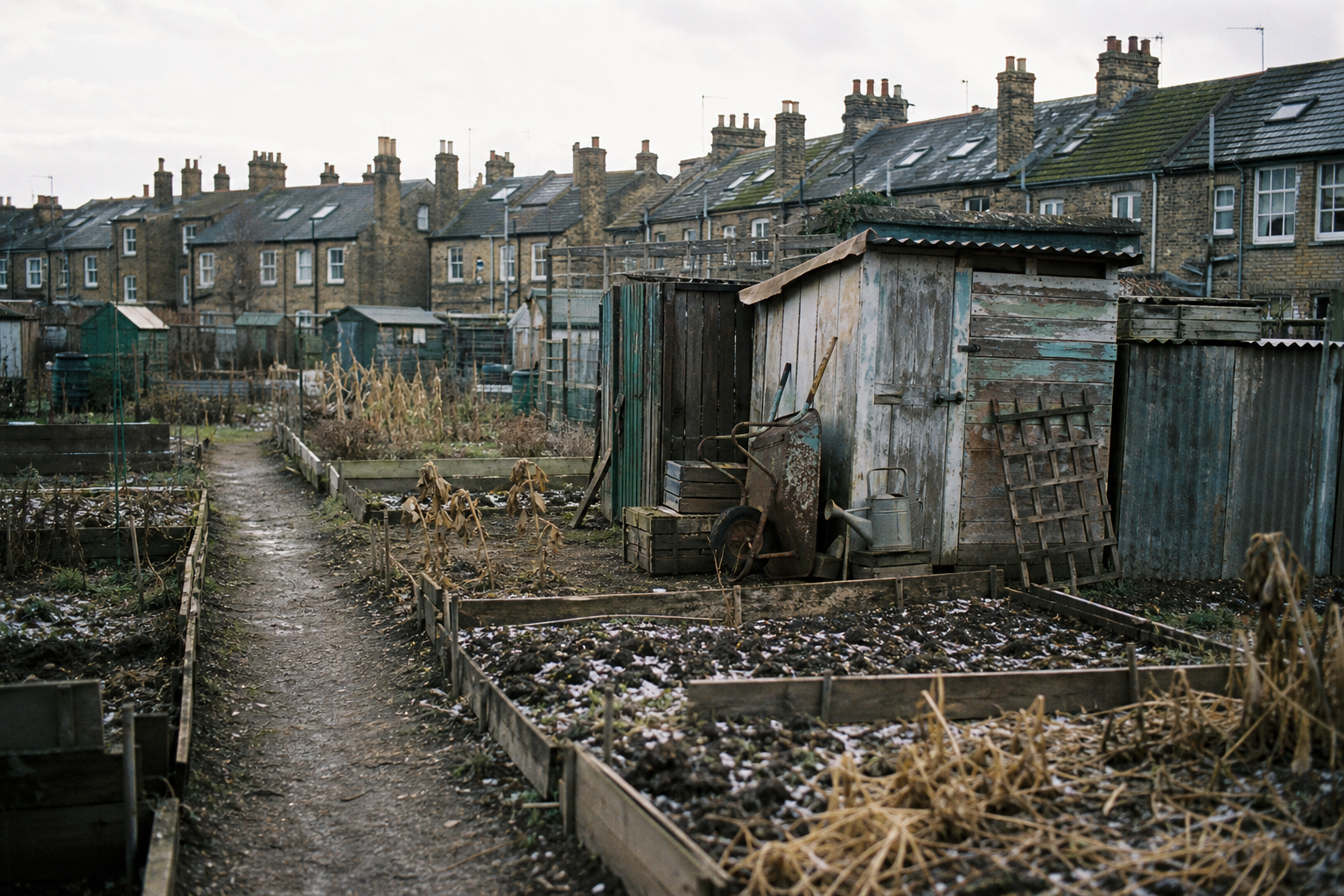 Rows of allotment beds and sheds backed by terraced rooftops under a pale winter sky.