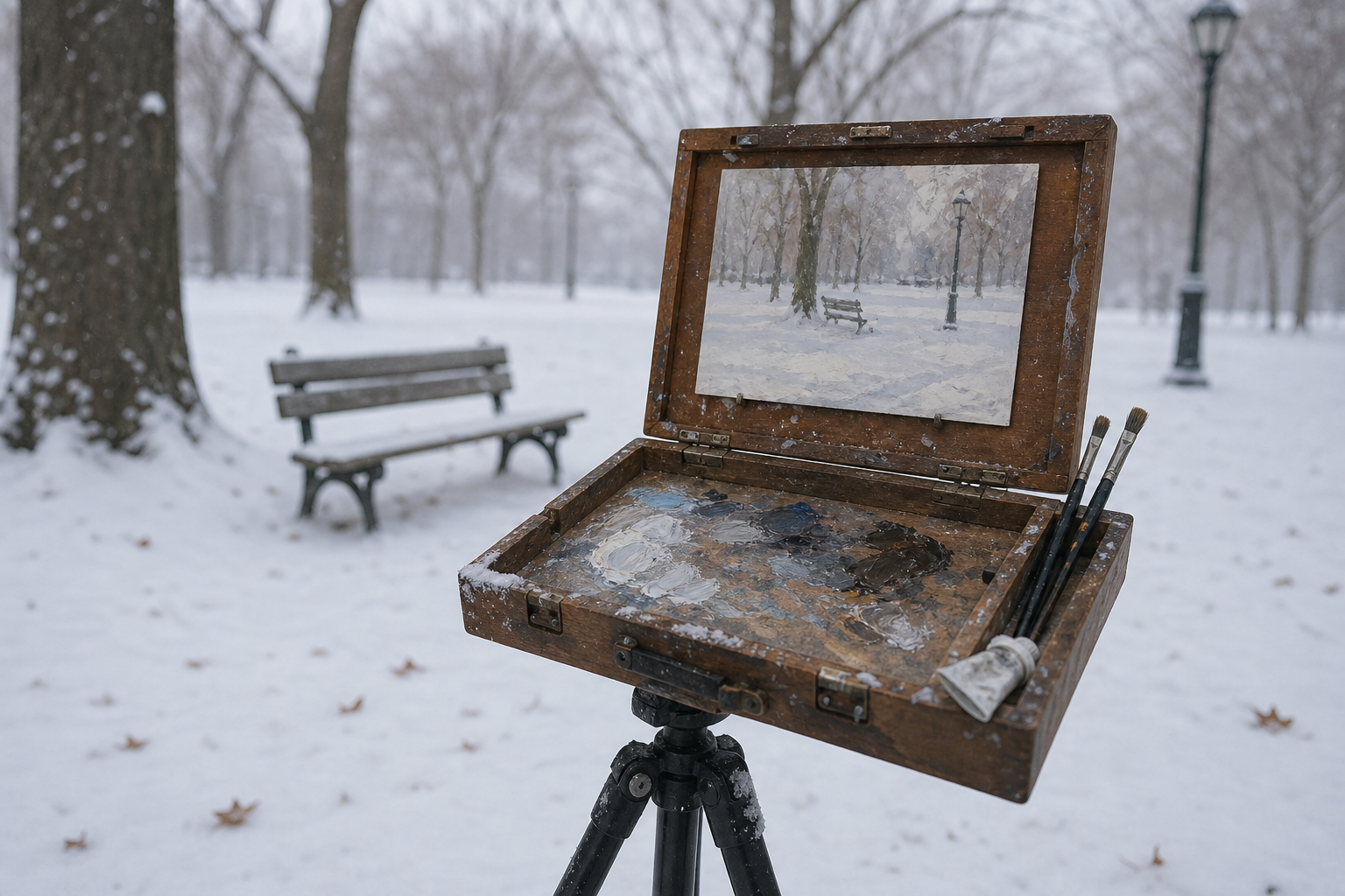 Open pochade box on a tripod in a snow-covered park