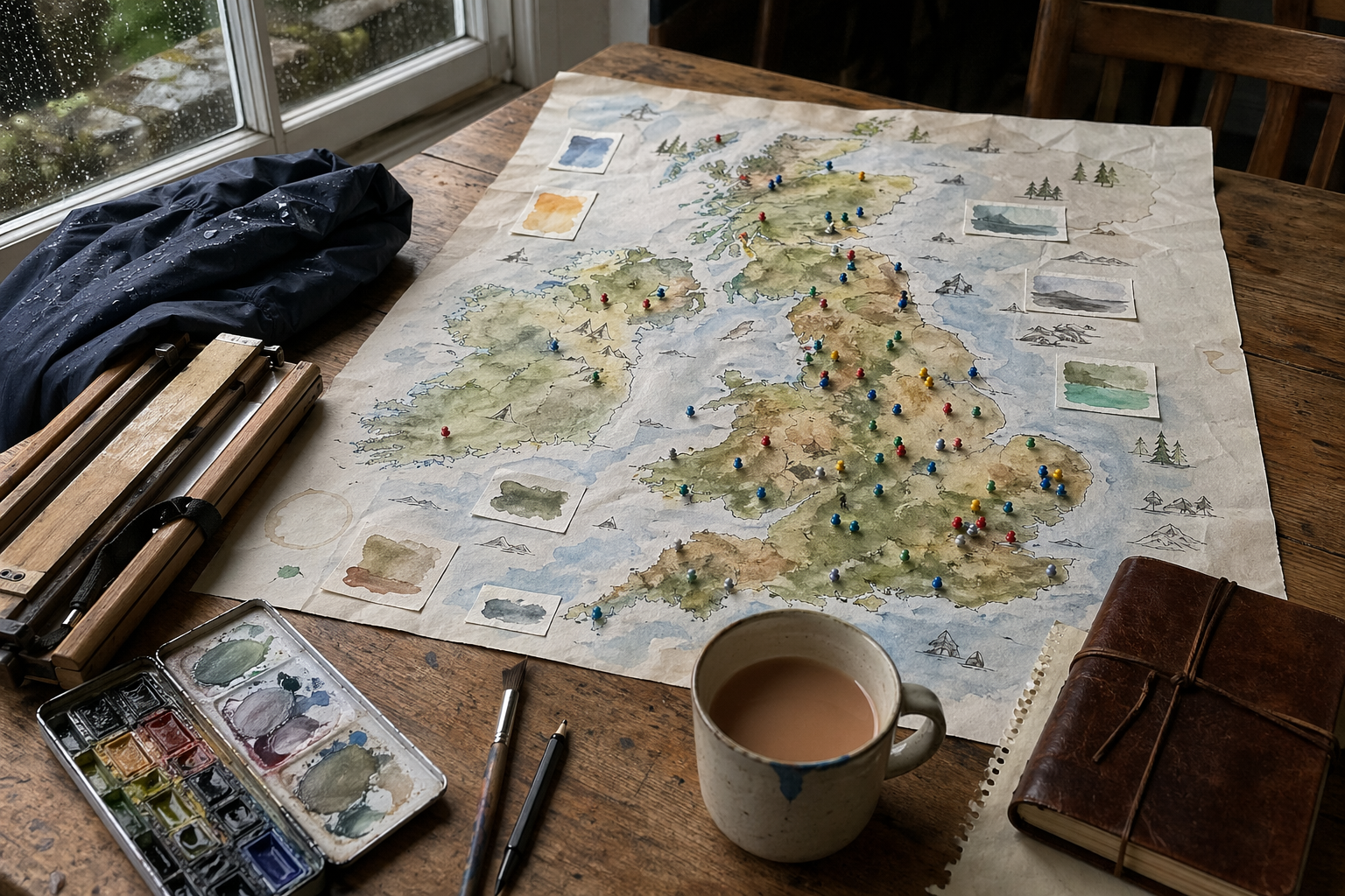 Illustrated UK map highlighting cities and regions with active plein air communities