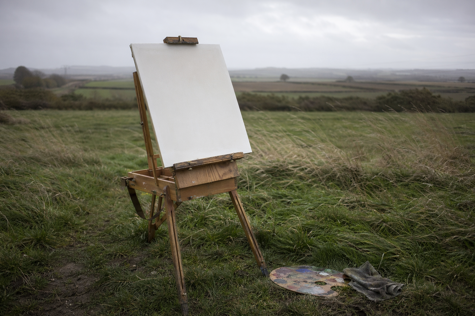 Portable easel holding a canvas panel in a flat field under a grey cloudy sky