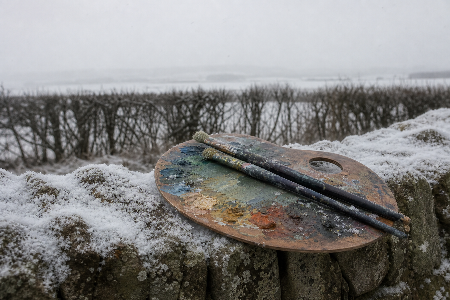 Oil paints on a wooden palette resting on a snowy stone wall, muted winter tones