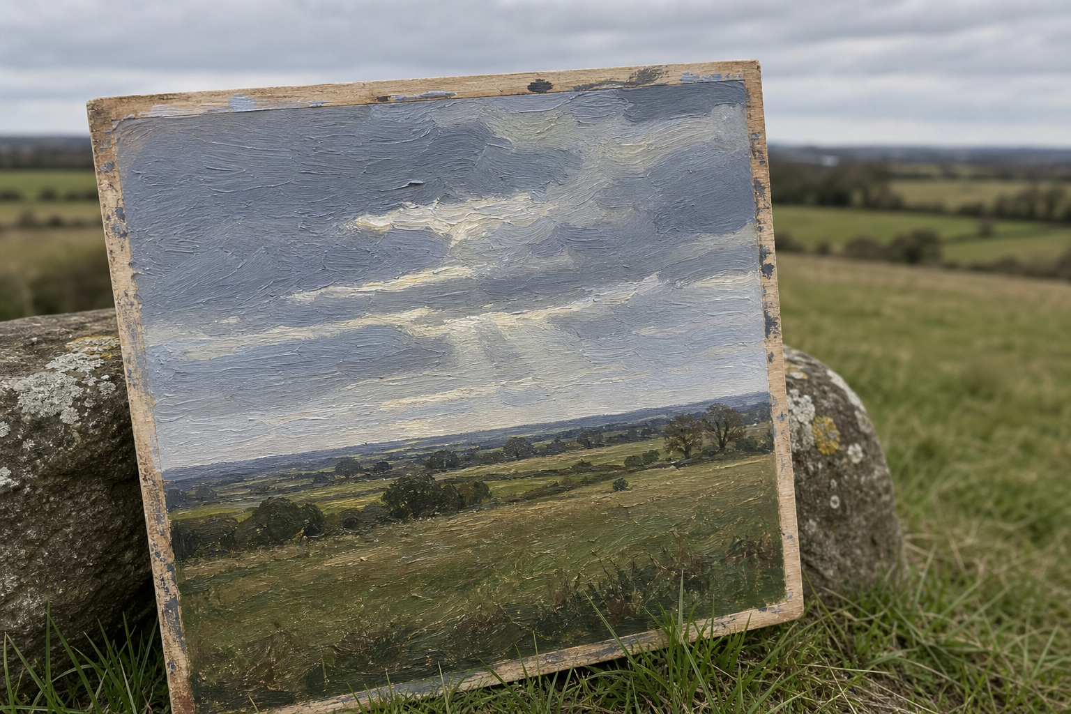 Oil painting on wooden panel showing layered British clouds over open landscape