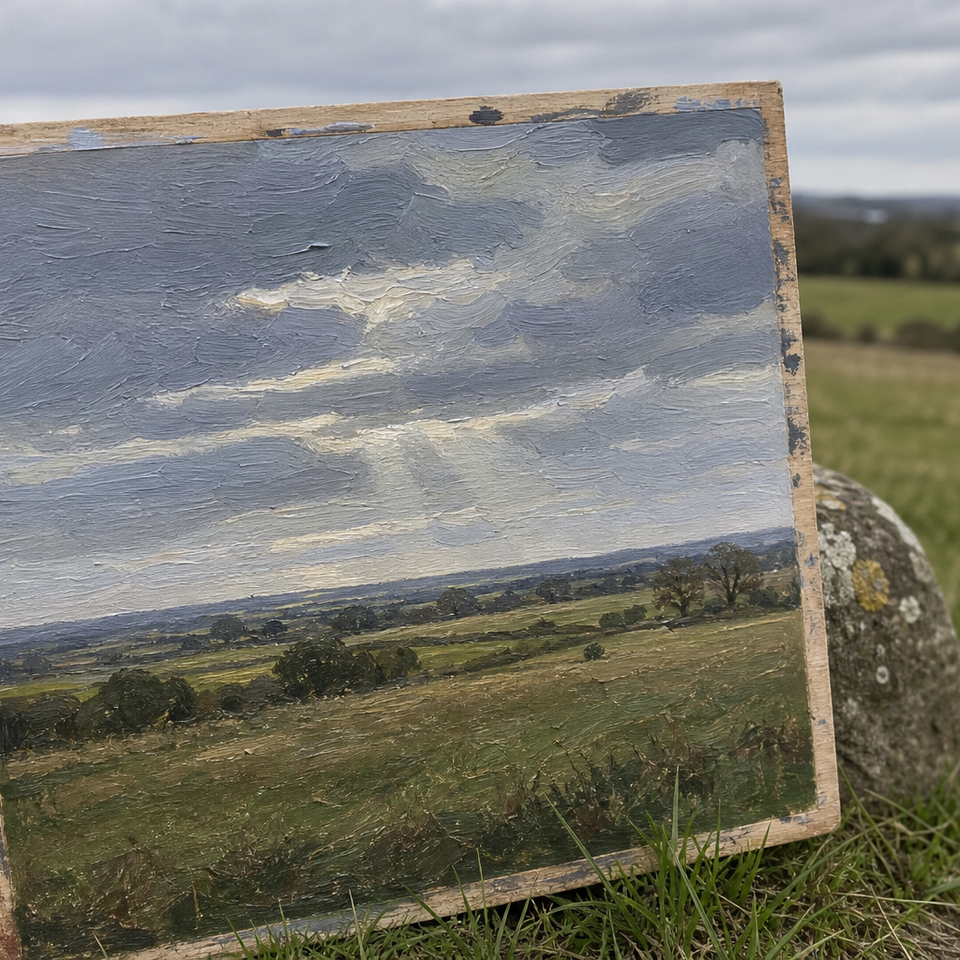 Oil painting on wooden panel showing layered British clouds over open landscape
