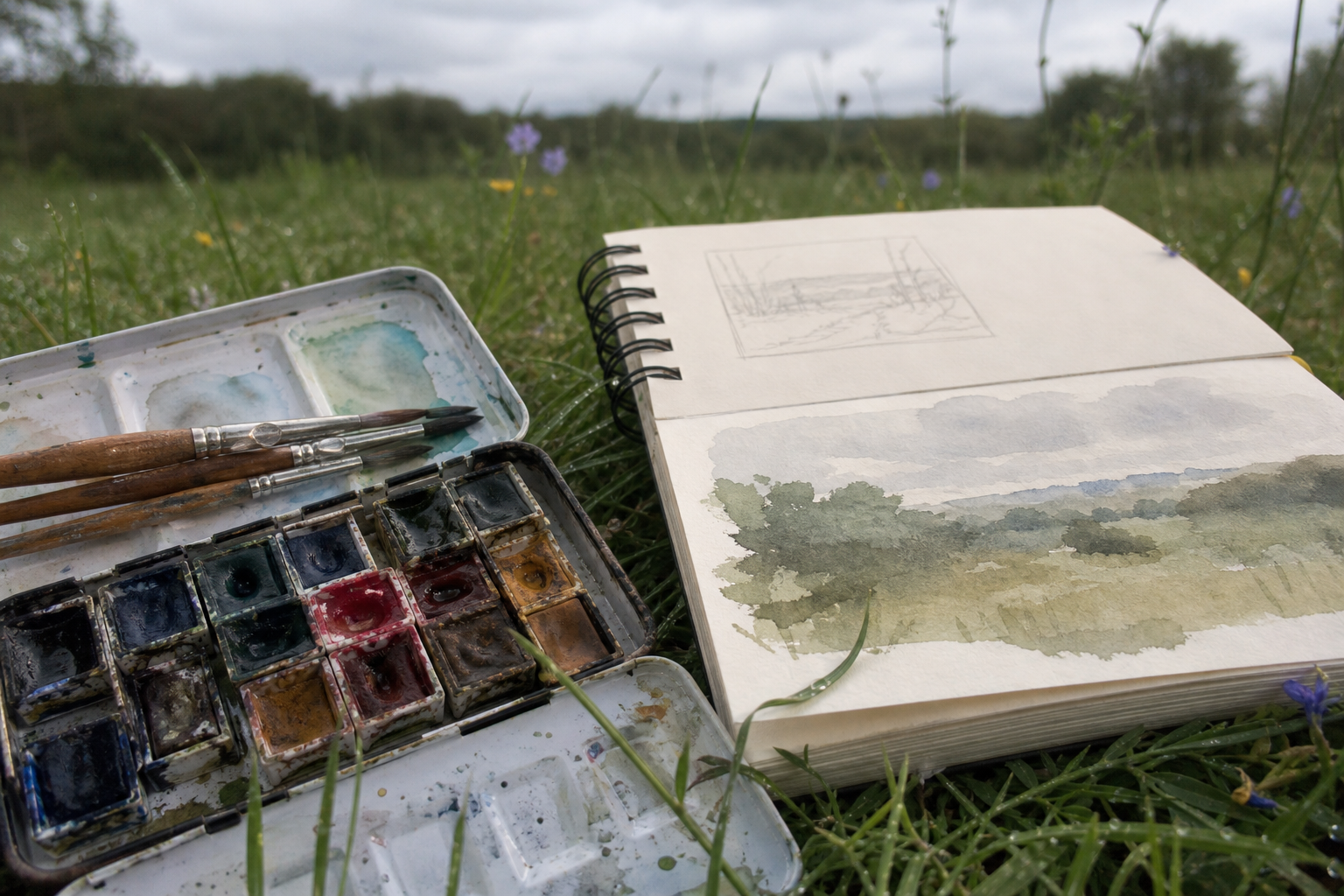 Open watercolour travel palette and brushes beside a sketchbook on grass