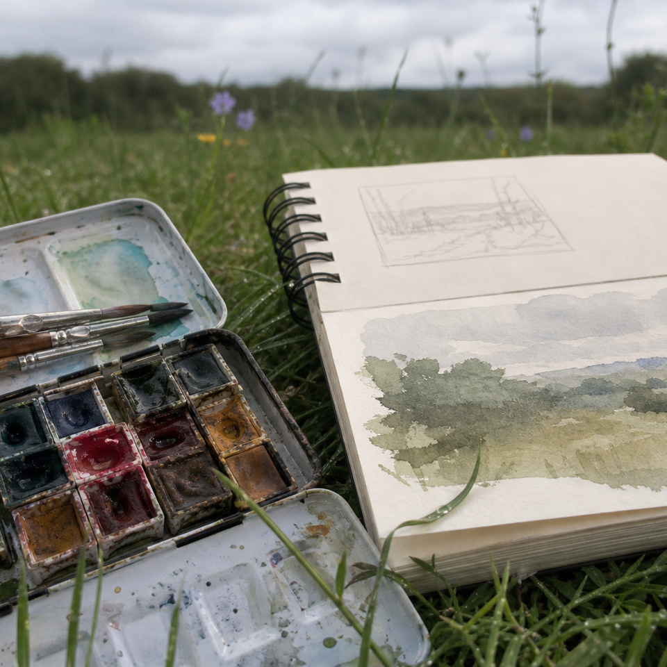 Open watercolour travel palette and brushes beside a sketchbook on grass
