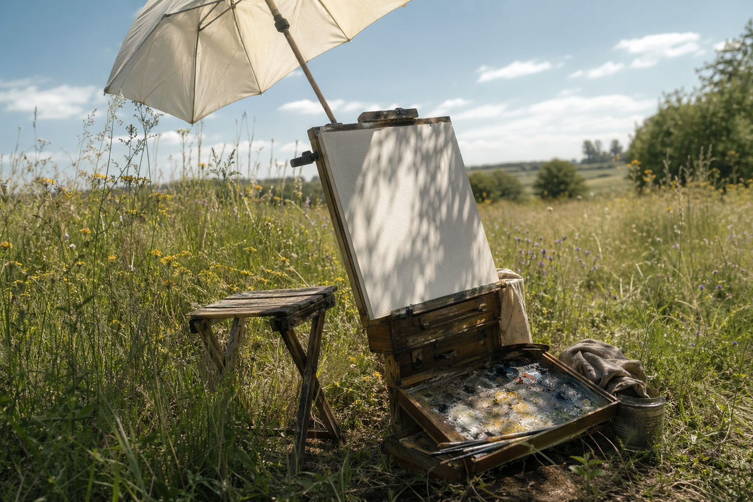 White artist parasol clamped to an easel in a bright sunlit meadow