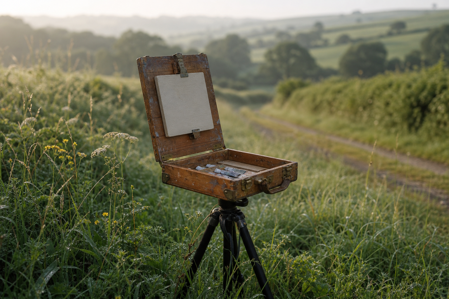 Compact pochade box mounted on a tripod in a green countryside setting