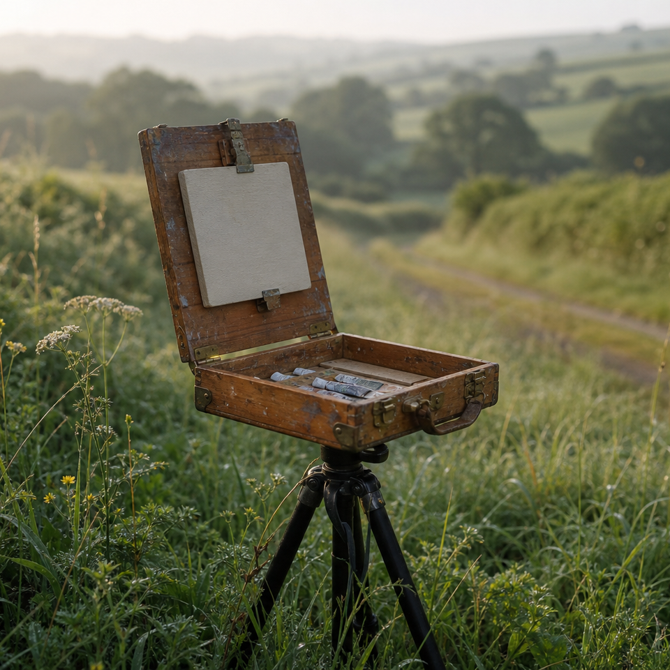 Compact pochade box mounted on a tripod in a green countryside setting